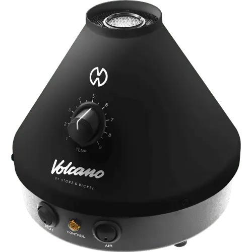 Volcano Classic ONYX Edition im ausgeschaltetem zustand von leichte seitenansicht mit seinem matt schwarzen gehäuseit